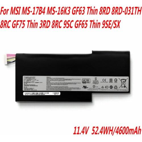 High Quality BTY-M6K Laptop Battery For MSI MS-17B4 MS-16K3 GF63 Thin 8RD 8RD-031TH 8RC GF75 Thin 3RD 8RC 9SC GF65 Thin 9SE/SX