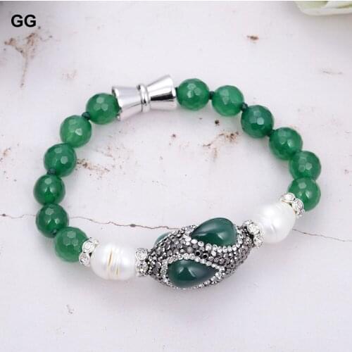 GuaiGuai Jewelry Cultured White Rice Pearl Green Agate Bracelet 8.5"