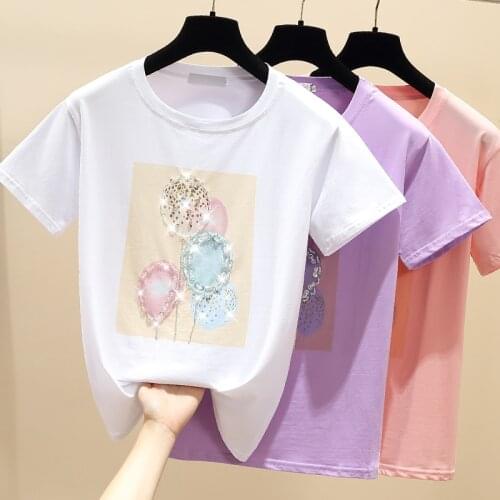 Gkfnmt 2021 Summer Tees Pink T Shirt Women Tshirt Female Cotton Tops T-Shirt Woman Korean Beading Tee Shirt Femme Purple White