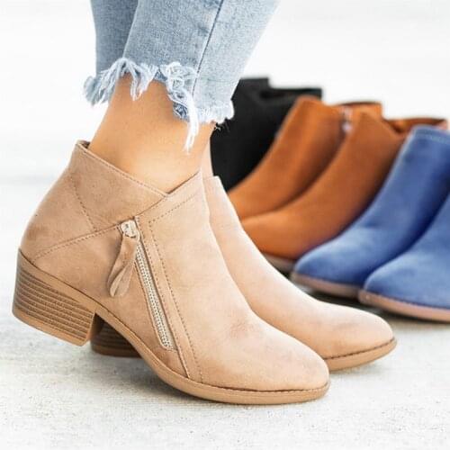 Women Side Zipper Boots Fashion Suede Low Heel Shoes Women Short Boots Square Heels Casual Ankle Boots Plus Size 35-43