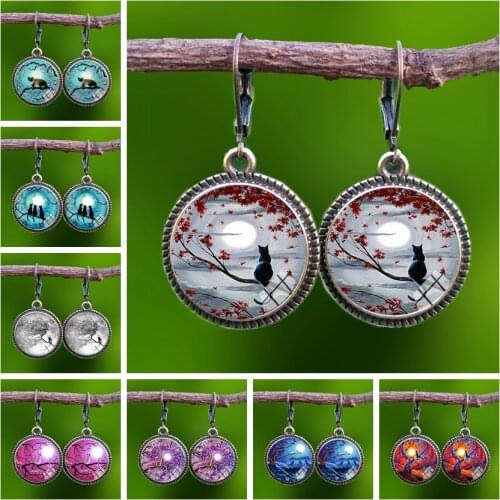 Glass Cute Cat Under The Night Sky Women Dangle Earrings Fashion Drop Earrings, New Kitten Glass Cabochon Lady Earrings Jewelry