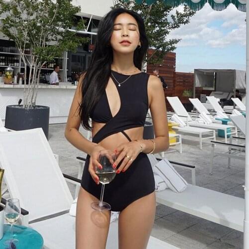Womens One Piece Swimsuit Solid Black ColorCutout Monokini Bathing Suits Swimwear