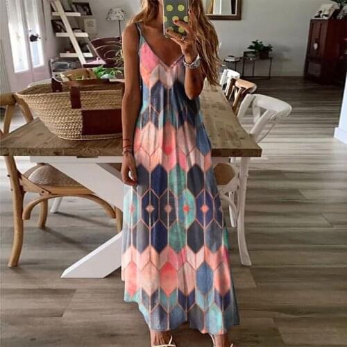 Womens Casual Summer Sundress Fashion Loose V-neck High Waist Floral Print Camisole Dress Fashion Print Plus Size Dress New