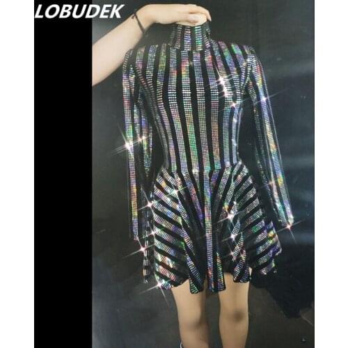 Winter Lady Black Velvet Colorful Stripe Sequin Short Dress Bar Party Birthday Celebrate Dance Outfit Singer Dancer Sexy Costume