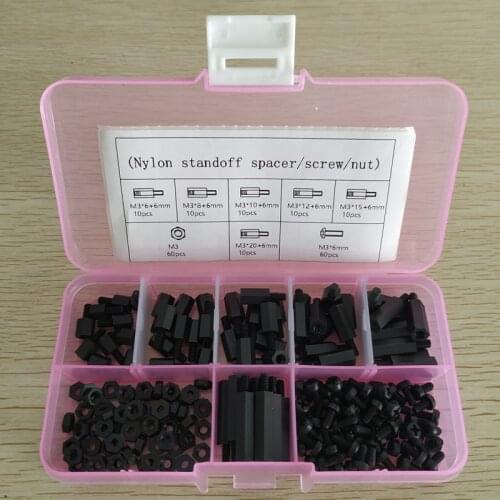 180pcs/Box M2 M2.5 M3 Black Hex Nylon Standoff Spacer kits with plastic standoffs Pan Phillips Screws Hex Nuts Assortments Kits