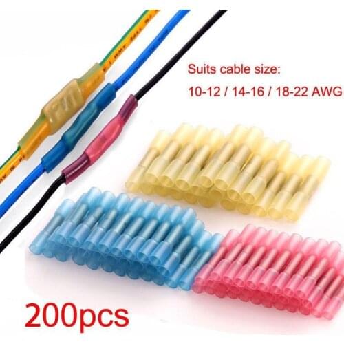 200Pcs Assorted Heat Shrink Connectors Insulated Waterproof Crimp Terminals Seal Butt Electrical Wire Connector 22-10 AWG