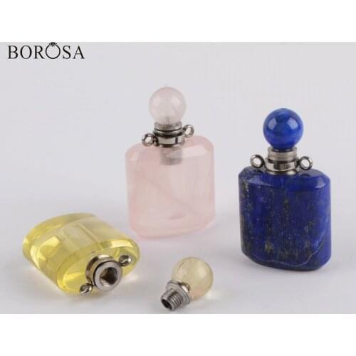 BOROSA 3Pcs Silver Plated Natural Stones Perfume Bottle Connectors Healing Essential oil Bottle Pendant for Women Necklace