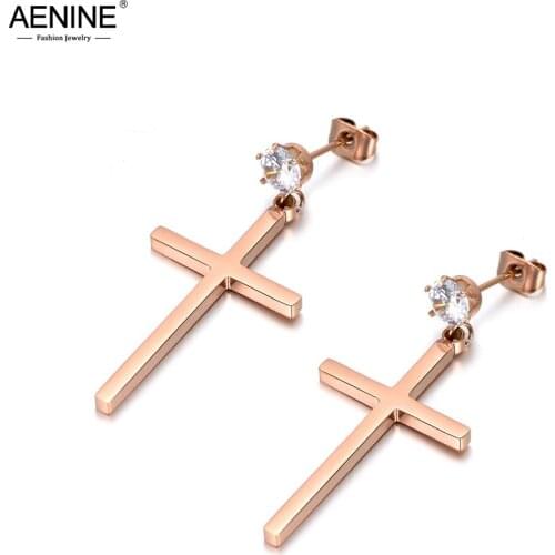AENINE Fashion Stainless Steel Rhinestone CZ Crystal Corss Stud Earrings Jewelry For Women Girls Boucle D'oreille Femme AE18045