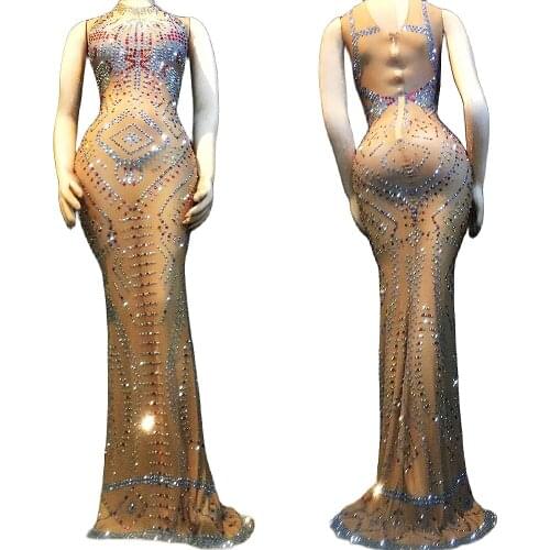 Sparkly Diamonds Sleeve Women Dress Long Tailing Tight Stretch Dress Backless Bar DS Singer Stage Wear Nightclub Party Costume