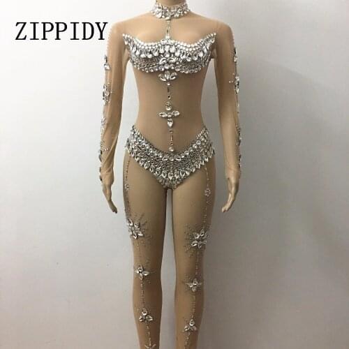 Big Shining Crystals Stretch Stones Jumpsuits One-Piece Outfit Costume Perspective Rompers Nightclub Stage Show Party Dance Wear