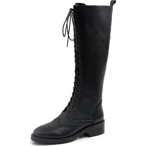 British style lace up fashion cow leather boots round toe high heels solid winter keep warm women thigh high boots