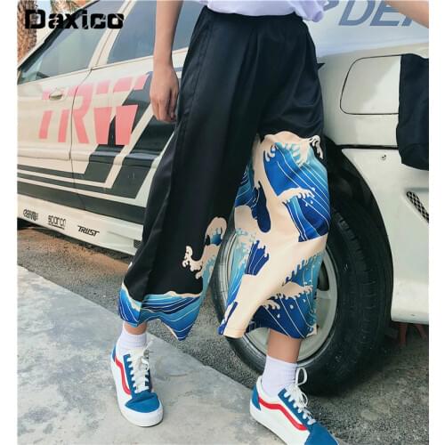 Woman Japanese Harajuku Kimono Pants Wide Leg Trousers Japanese Crane Wave Print Casual Elastic Leisure Loose Harem Trousers