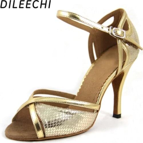 DILEECHI Wholesale Latin dance shoes Womens High-heeled 9CM Ballroom dancing shoes Red Gold snake PU dance shoes