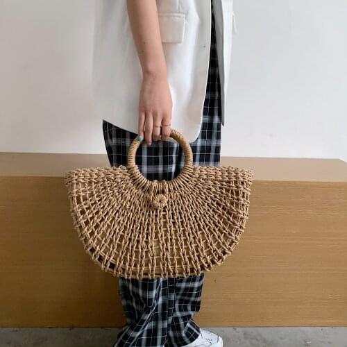 Womens Summer Bag Half-Round Rattan Woven Straw Bag Sea Beach Top Handle Handbags Hollow Out Large CapacityTotes Rattan Bag