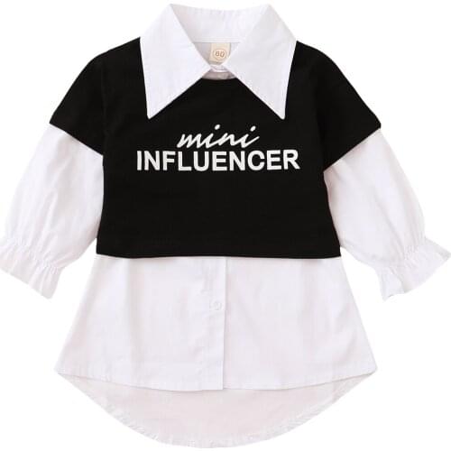 2021 New Spring Autumn Chidlren Girls Long Sleeve Button Shirts Dress Tops+Letter Print T-shirts Casual Holiday Clothing Outfits