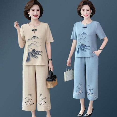 Two-Piece/Single-Piece Summer Female 2021 New Embroidery Set Mother Middle-Aged Outfit Elderly Womens Ethnic Casual Suit A308