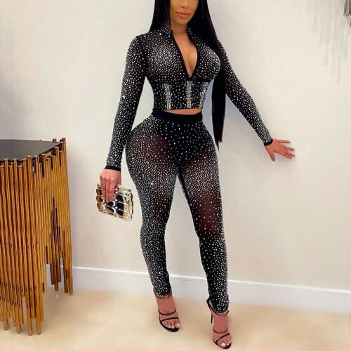 Women Sexy Two Pieces Pants Sets Diamond 2021 New Bodycon Crop Tops & Pencil Pants See Through Evening Night Club Outfits Sets