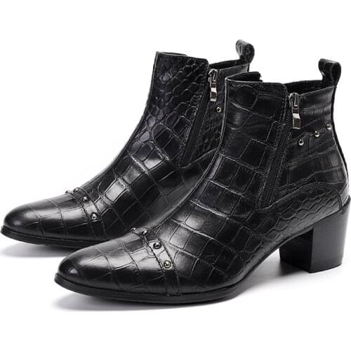 Western Men Cowboy Boots High heels Genuine Leather Ankle Black Knight Boots Snake Handmade Botas Hombre Party Wedding Shoes Man