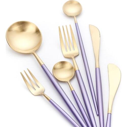 Purple Gold 304 Stainless Steel Cutlery Creative Nordic Tableware Christmas Gift Steak Knife Cake Fork Coffee spoon Wedding