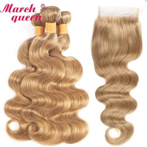 March Queen Honey Blonde Indian Human Hair Bundles With Closure #27 Body Wave 3 Bundles With Lace Closure Raw Indian Hair Weft