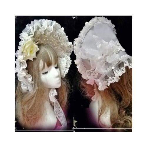 Multicolour Victorian Cosplay Flower Multilayer Lace Bead Chain Bonnet BNT Vintage Soft Girl Lolita Handmade Bandge hat Headwear