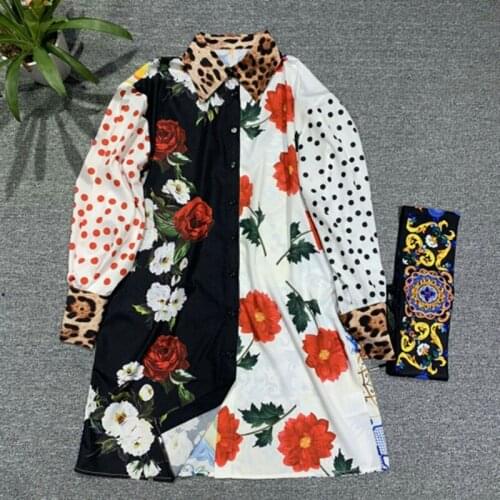 Shirt Runway Dress Fashion Spring Summer Designer Flower Leopard Porcelain Print Diamonds Beading Belt Loose Mini Dre