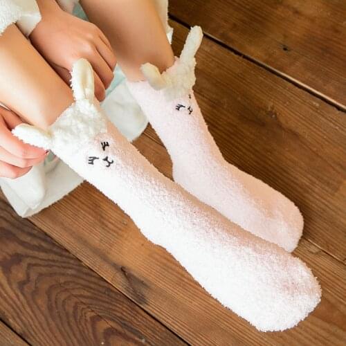 New Soft Brushed Thick Cute Cartoon Animal Bunny Ears Warm Ladies Floor Sock Coral Half Velvet High Quality Womens Socks