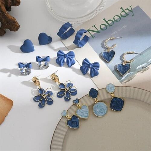 New Korean Statement Earrings for Women Blue Heart/Flower/Bows Fashion Dangle Fine Earrings Pendants Vintage Stylish Trending