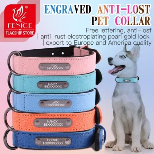 Fenice Personalized Engraved Dog Collar Leather Pet Tag Collars French Bulldog Pitbull Large Dog Collar Lead Puppy Collars