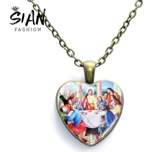 SIAN Virgin Mary Mother of Baby Necklace Glass Dome Heart Christian Necklace Jewelry Oil Painting Pendant For Men Women Trinkets