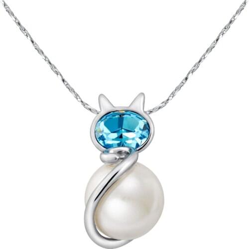 COCOM Lovely Cat Pearl Pendant Necklace with Crystals from Austria Cute Creative Animal Jewelry for Girlfriend Birthday Gift