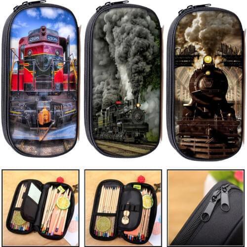 Steam Locomotive Train plane print kids pencil bag children school case boys girls stationary bags pencil box woman Cosmetic bag