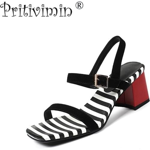 Pritivimin FN173 summer sandals laidies square toe t-strap thick heels sandals red black white fashion kid suede flat shoes