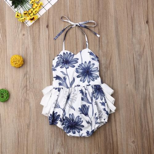 Pudcoco Newest Fashion Newborn Baby Girl Clothes Flower Print Backless Ruffle Sling Romper Jumpsuit One-Piece Outfit Sunsuit
