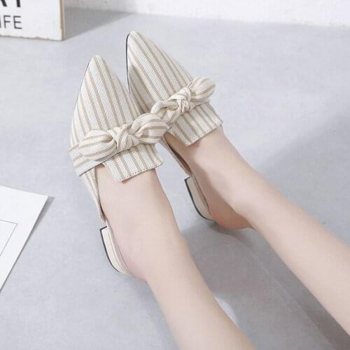 Slippers Pointed Half Female Summer Wear New Striped Bow Baotou Thick Heel Muller Shoes Low Heel Half Drag Tide