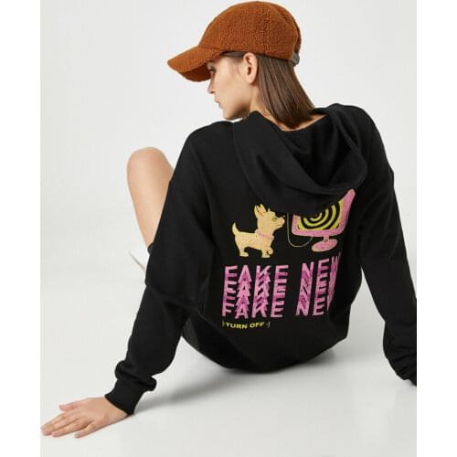 Hooded Fake news printed back Cotton 100 Sweatshirt Black color Hoodie Women Hooded Collar casual style