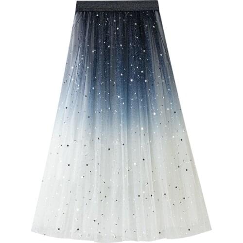Women Ladies Spring Long Skirt WF0051 Blue White Gradient Color Fashion Sequins Elastic Waist Stars Tulle Skirt