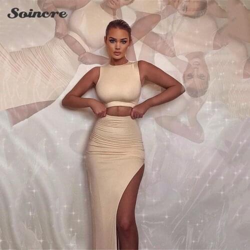 2021 Summer New Solid Color Sleeveless Vest Skirt Suit Sexy Tight-fitting Round Neck Small Vest Side Slit High Waist Skirt Women