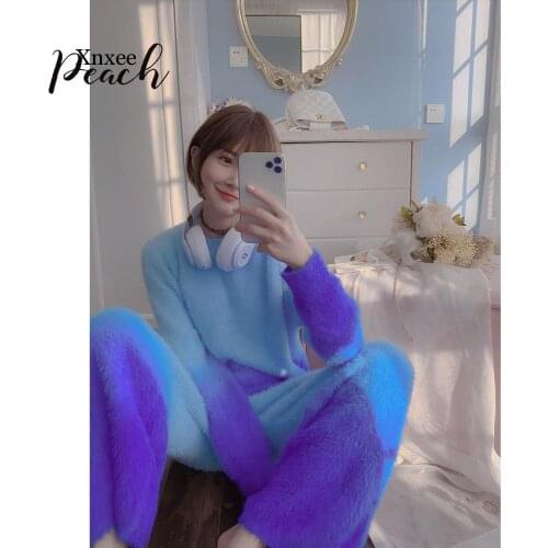 Winter Round Neck Dream Gradient Knitted Set Women Sweater Suit Two Piece Set Oversized Casual Plush Tops Wide Leg Pants Kit