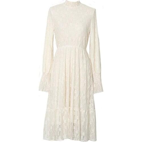 New Spring Autumn Womens Long Dress Lace Flare Sleeve Female Dresses Bottoming Vestido Femme Lady Trendy Slim Formal Dress N801