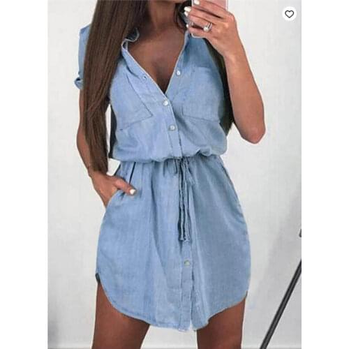 Lace Up Womens Denim Shirts Dress Loose Vintage Solid Color High Waist European And American Hot Washed Womens Denim Shirts