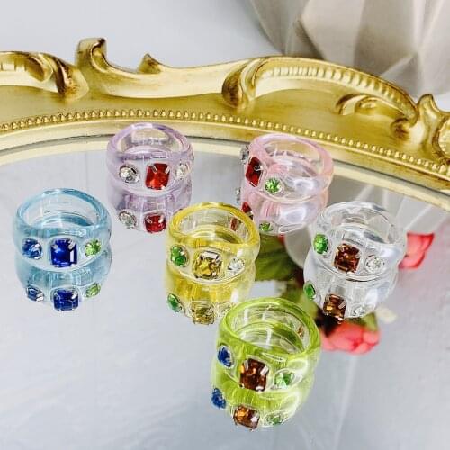2021 New Colorful Crystal Rhinestone Ring Geometric Transparent Acrylic Resin Jewelry Finger-ring For Women Vintage Travel Gifts