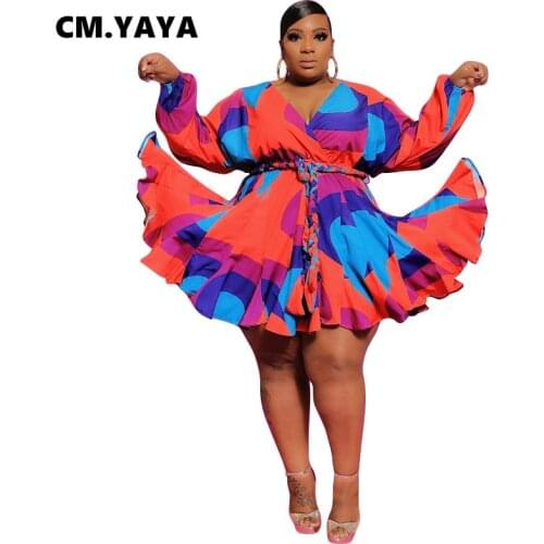 CM.YAYA Autumn Winter Women Long Sleeve Mini Bodycon Dress Print Pleated Sexy Club Party V-Neck Shases Plus Size S-5XL Dress