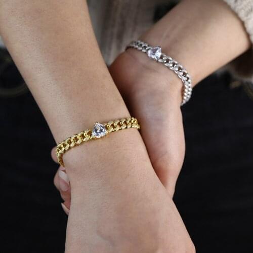 2021 Ice Out Hip Hop Cuban Gold And Silver Color Bracelet Paved Cz Luxury White Heart For Women Wedding Gift