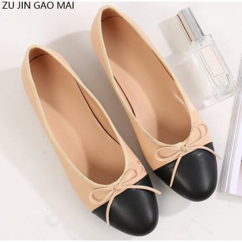 Ballet Flats Shoes Women Basic 2021Fashion Two Color Splice Bow Round Ballet Shoe Tweed Classic Flat Work Large Size Women Shoes
