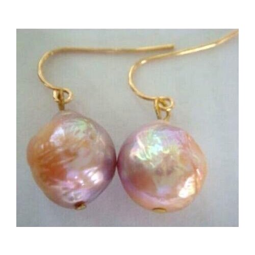 Free Shippng 13MM SOUTH SEA PINK NUCLEAR PEARL DANGLE EARRING 14k
