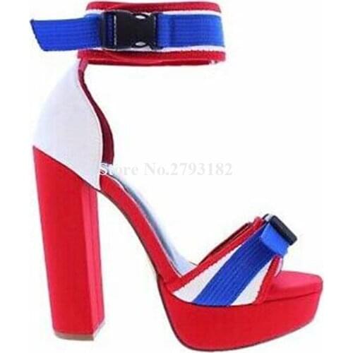 New Fashion Women Shining Patchwork High Platform Chunky Heel Sandals Blue Stripes Ankle Strap Buckle High Heel Sandals Heels