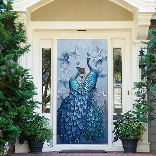 Home decoration door paste embossed peacock xuan closed door mural renovation decoration wall paste self-paste paper