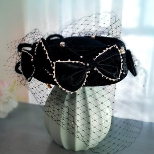 2021 Elegant Ladies Fascinator Hat Face Veil Headwear Bow Pearl Wedding Hat Viintage Church Derby Party Hat Hair Accessories New
