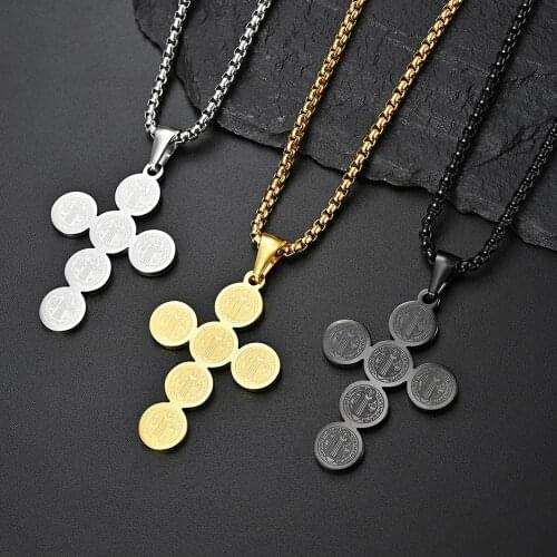 INSCHIC Cool Stuff Hip Hop Gift For Men 3 Colors Round Cross Christian Icon Pendant Necklace Titanium Steel Jesus Man Jewelry
